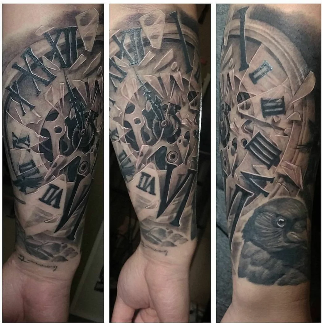 Geometric black-and-grey timepiece tattoo composition